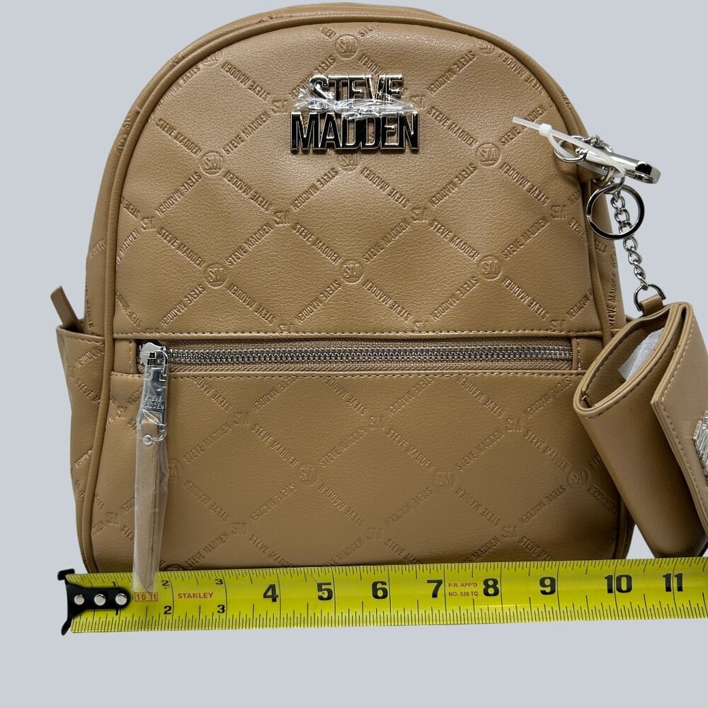 Steve Madden Tan Quilted Mini Backpack With Card Holder & Adjustable Straps - Picture 8 of 11